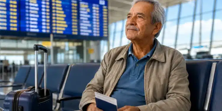 Aposentado do INSS sentado em aeroporto com mala e documentos para viagem médica