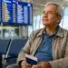 Aposentado do INSS sentado em aeroporto com mala e documentos para viagem médica