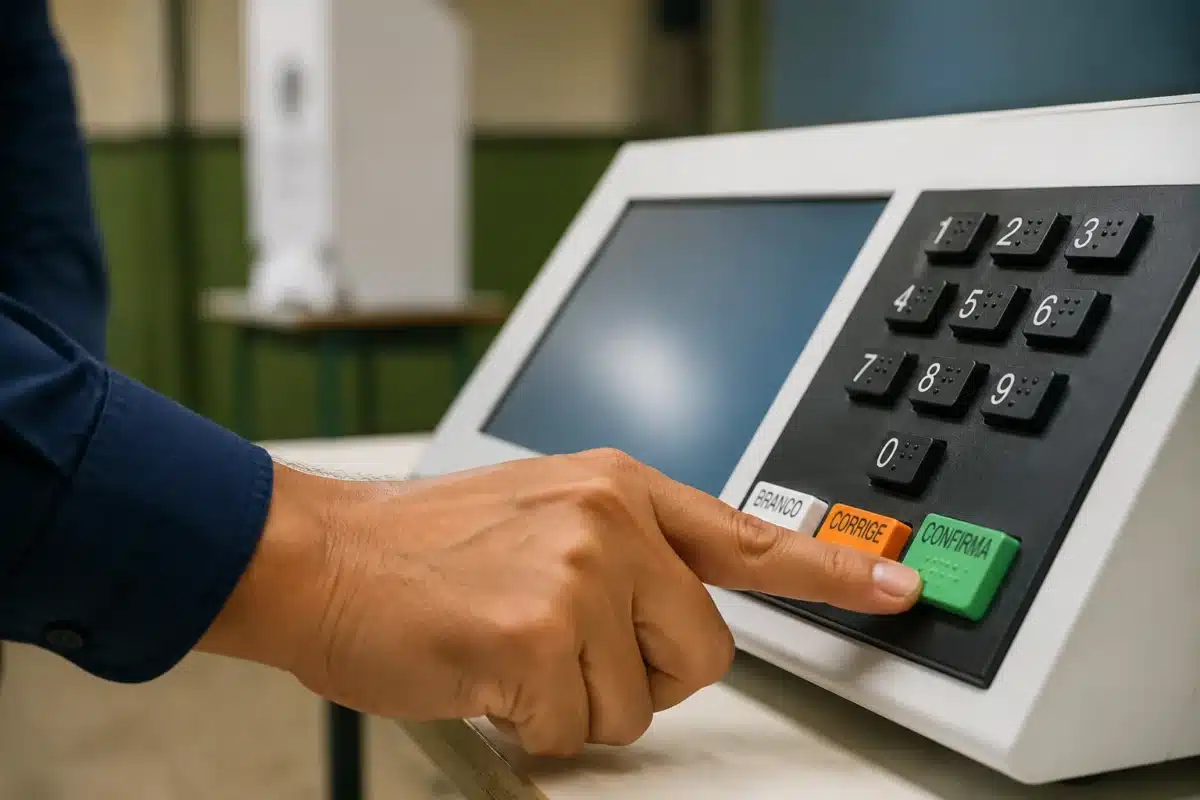 Eleições de 2026 - Datas oficiais Mão de eleitor utilizando urna eletrônica representando a votação nas eleições de 2026.