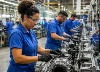 Trabalhadores em linha de produção representam debate sobre o fim da escala 6x1 no Senado