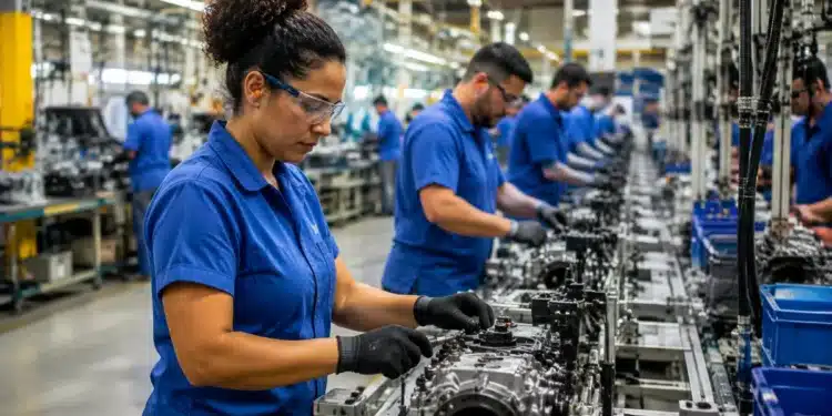 Trabalhadores em linha de produção representam debate sobre o fim da escala 6x1 no Senado