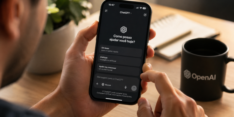 Pessoa segura celular exibindo app ChatGPT ao lado de caneca preta OpenAI e caderno.
