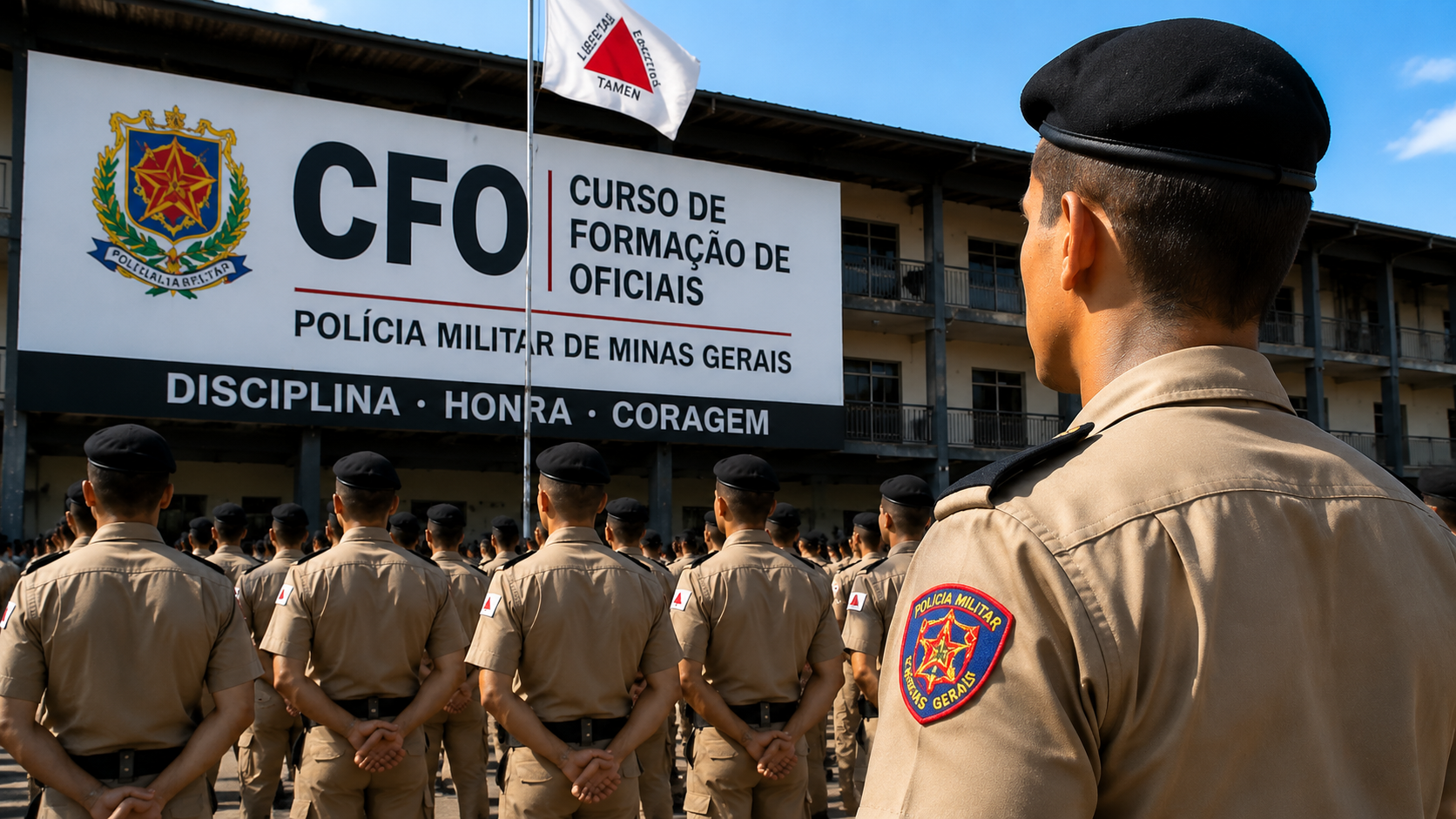Alunos fardados em formação no pátio do CFO da Polícia Militar de Minas Gerais diante de grande letreiro institucional.