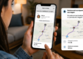 Mulher segura celular exibindo Waze com rota de São Paulo a Guarulhos e compartilhamento ativo.