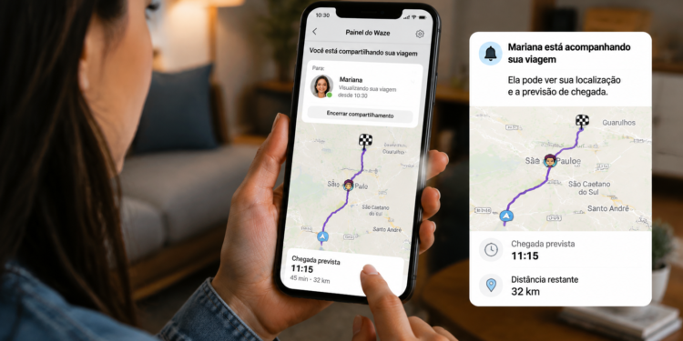 Mulher segura celular exibindo Waze com rota de São Paulo a Guarulhos e compartilhamento ativo.