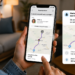 Mulher segura celular exibindo Waze com rota de São Paulo a Guarulhos e compartilhamento ativo.