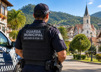 Guarda Municipal de costas, ao lado de viatura em rua arborizada com igreja ao fundo.