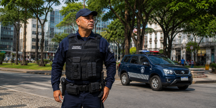 Guarda Municipal de uniforme tático observa rua com viatura oficial ao fundo em centro de cidade arborizada.