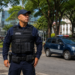 Guarda Municipal de uniforme tático observa rua com viatura oficial ao fundo em centro de cidade arborizada.