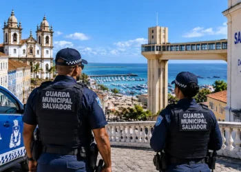 Dois agentes da Guarda Municipal de Salvador observam o Elevador Lacerda e o mar em dia ensolarado.