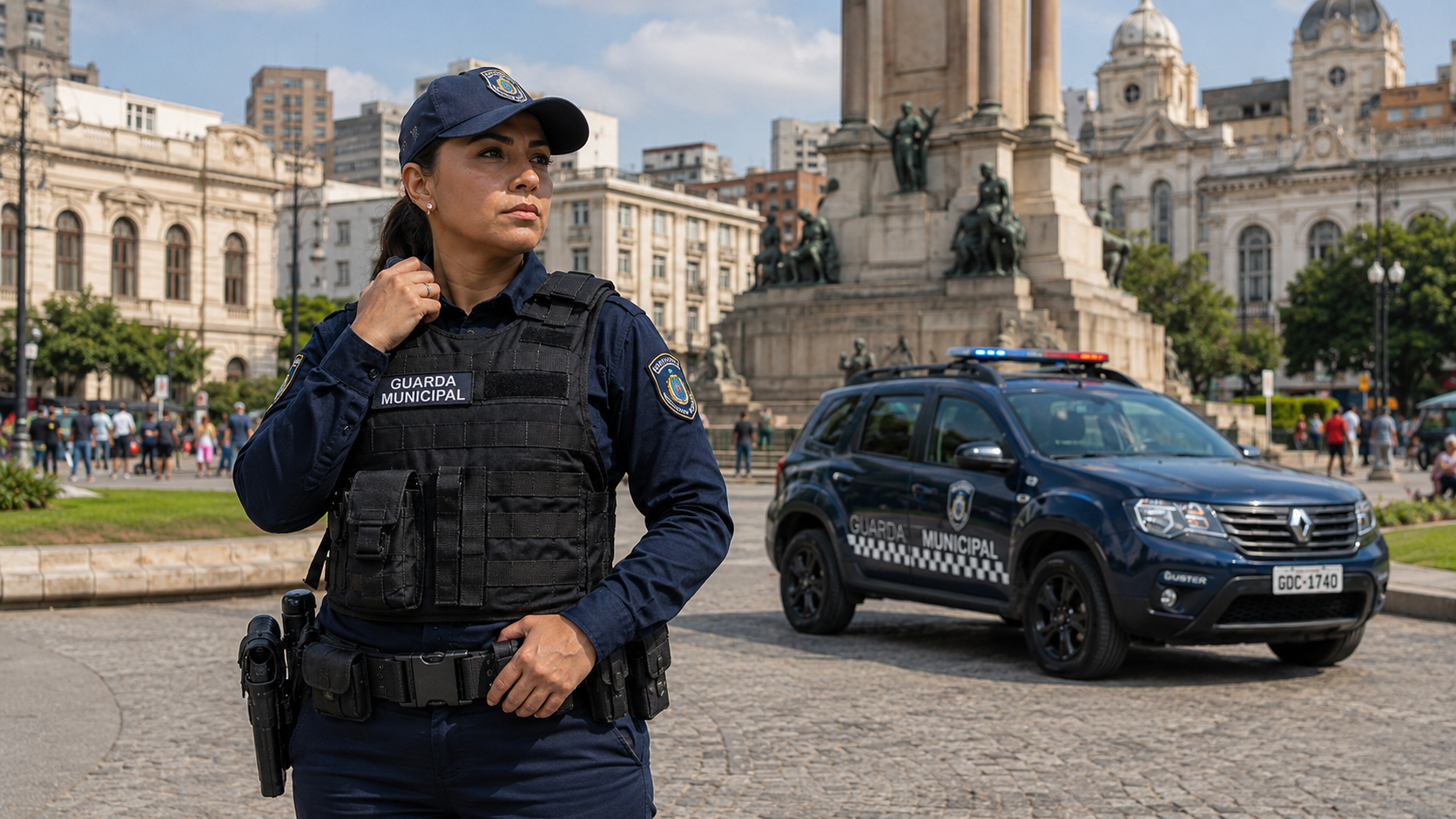 Agente feminina da Guarda Municipal uniformizada em praça histórica ao lado de viatura Renault azul.