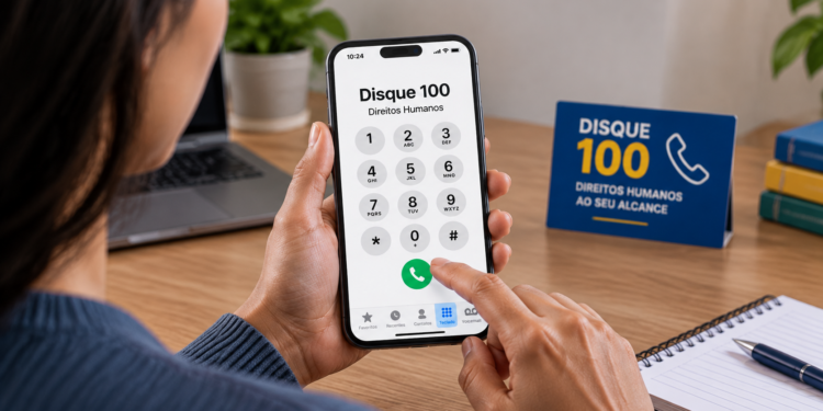 Pessoa discando 100 no celular ao lado de placa azul com mensagem sobre Direitos Humanos no escritório.