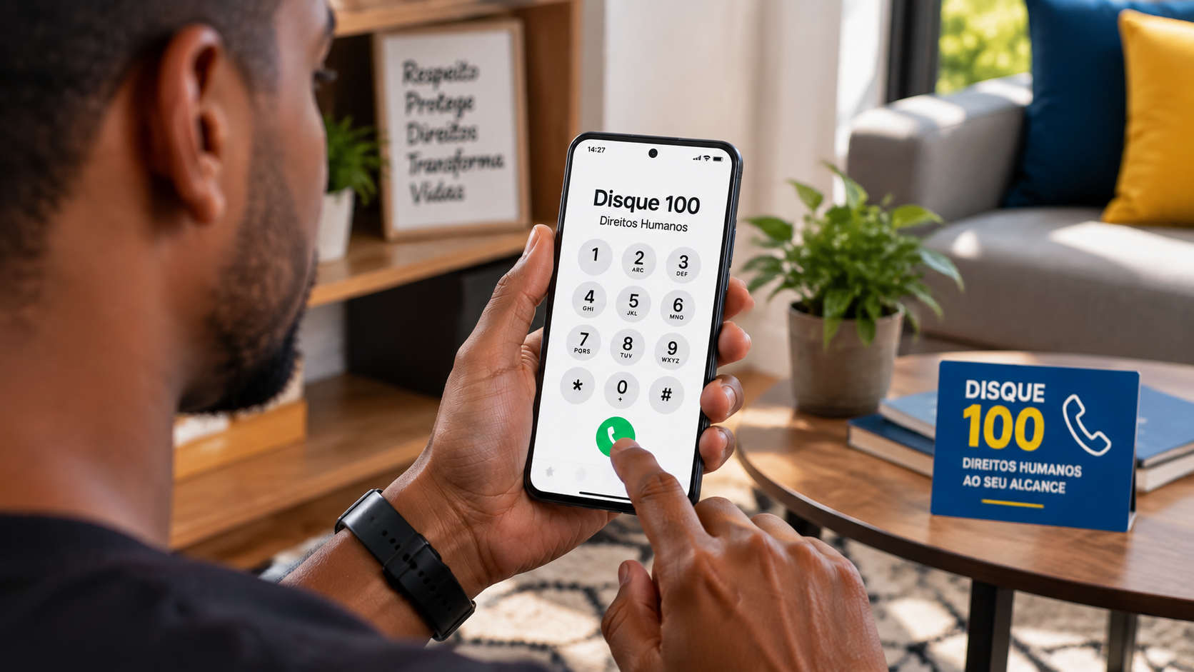 Homem jovem disca o número Disque 100 em smartphone, em sala moderna, promovendo denúncia de direitos humanos.