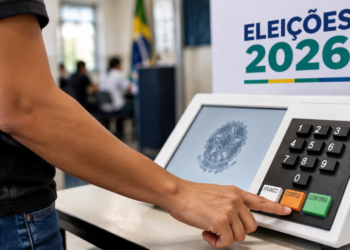 Eleitor pressionando botão na urna eletrônica diante de cartaz "Eleições 2026" e bandeira do Brasil.