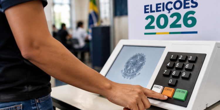 Eleitor pressionando botão na urna eletrônica diante de cartaz "Eleições 2026" e bandeira do Brasil.