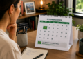 Mulher observa calendário de setembro 2026 com feriado da Independência do Brasil destacado.