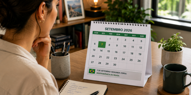 Mulher observa calendário de setembro 2026 com feriado da Independência do Brasil destacado.