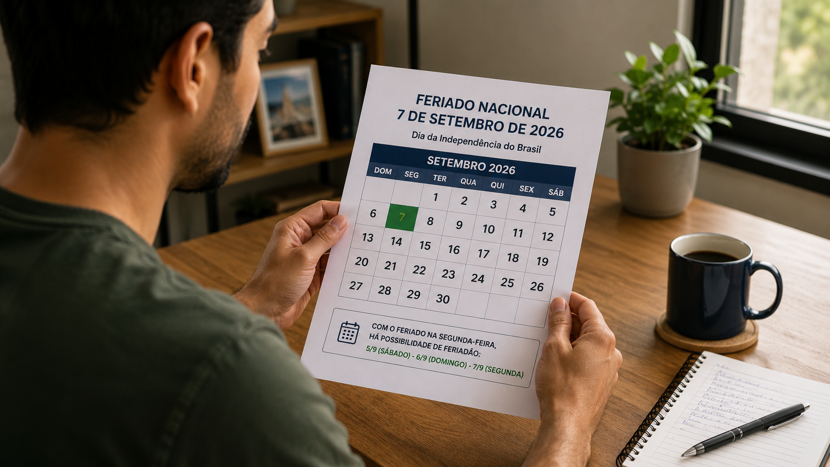 Homem consulta folha impressa com calendário de setembro de 2026 destacando feriado em 7 de setembro.