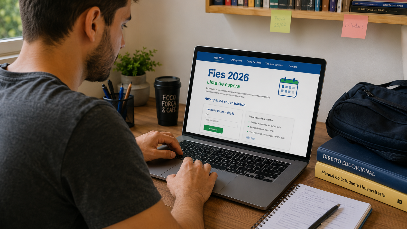 Jovem consulta resultado do FIES 2026 no notebook, rodeado de livros, caderno e caneca com mensagem motivacional.