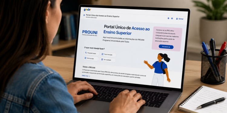 Mulher digitando em notebook com tela do Portal Único de Acesso ao Ensino Superior do Prouni exibida.