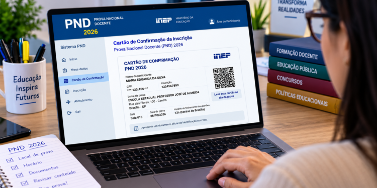 Mulher acessa cartão de confirmação da Prova Nacional Docente 2026 do INEP em notebook com detalhes do exame.
