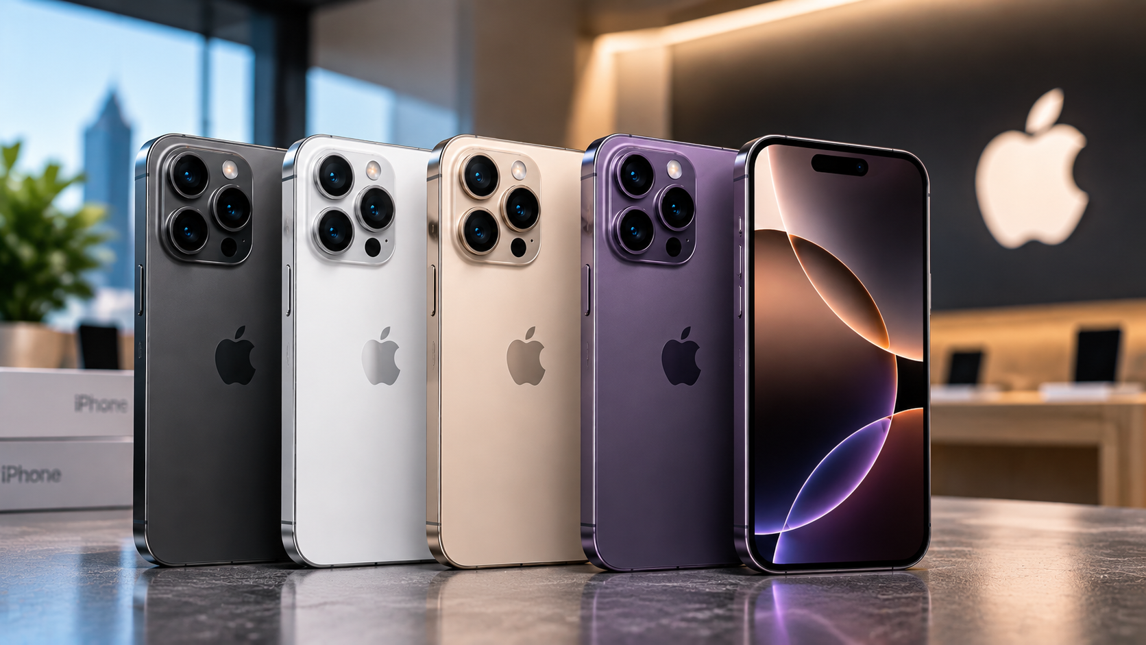 Quatro iPhones em preto, prata, dourado e roxo expostos em loja, logo da Apple ao fundo.