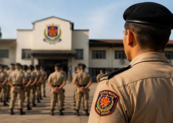 Policial militar observa formação de colegas em frente ao batalhão, farda bege, insígnia de Minas Gerais visível.