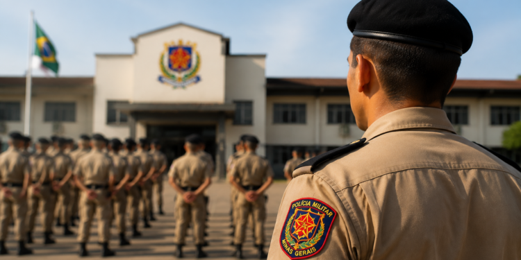 Policial militar observa formação de colegas em frente ao batalhão, farda bege, insígnia de Minas Gerais visível.