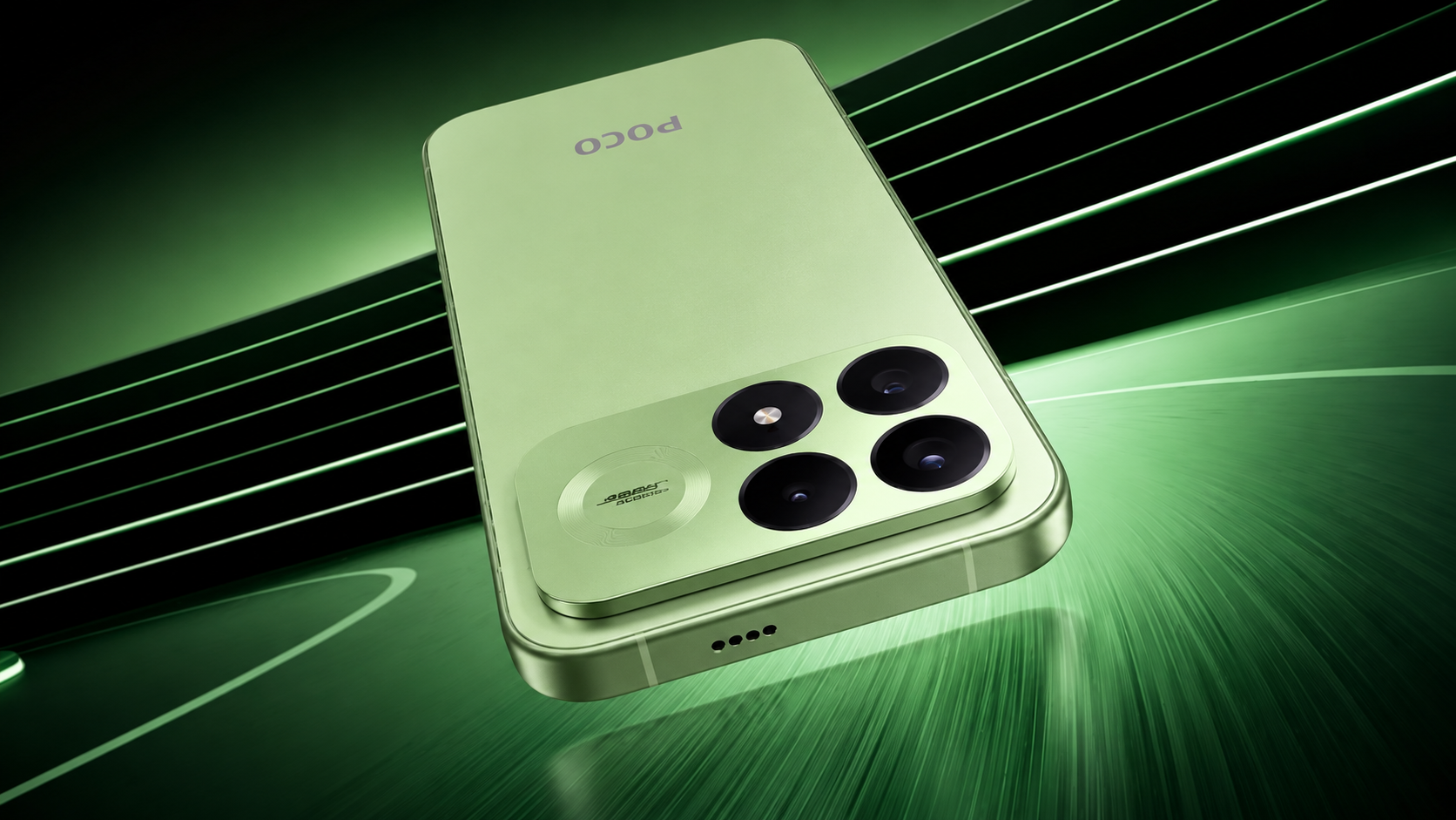 Smartphone POCO X6 Pro dourado com três câmeras traseiras sobre fundo verde futurista.