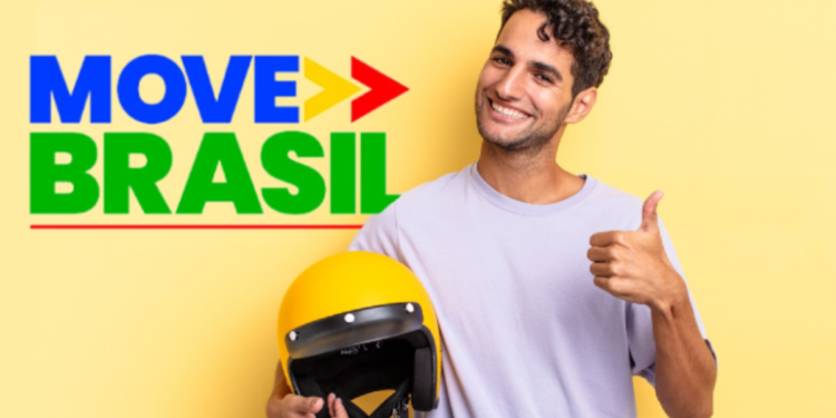 Jovem segurando capacete e fazendo positivo com polegar ao lado da logo do Move Brasil.