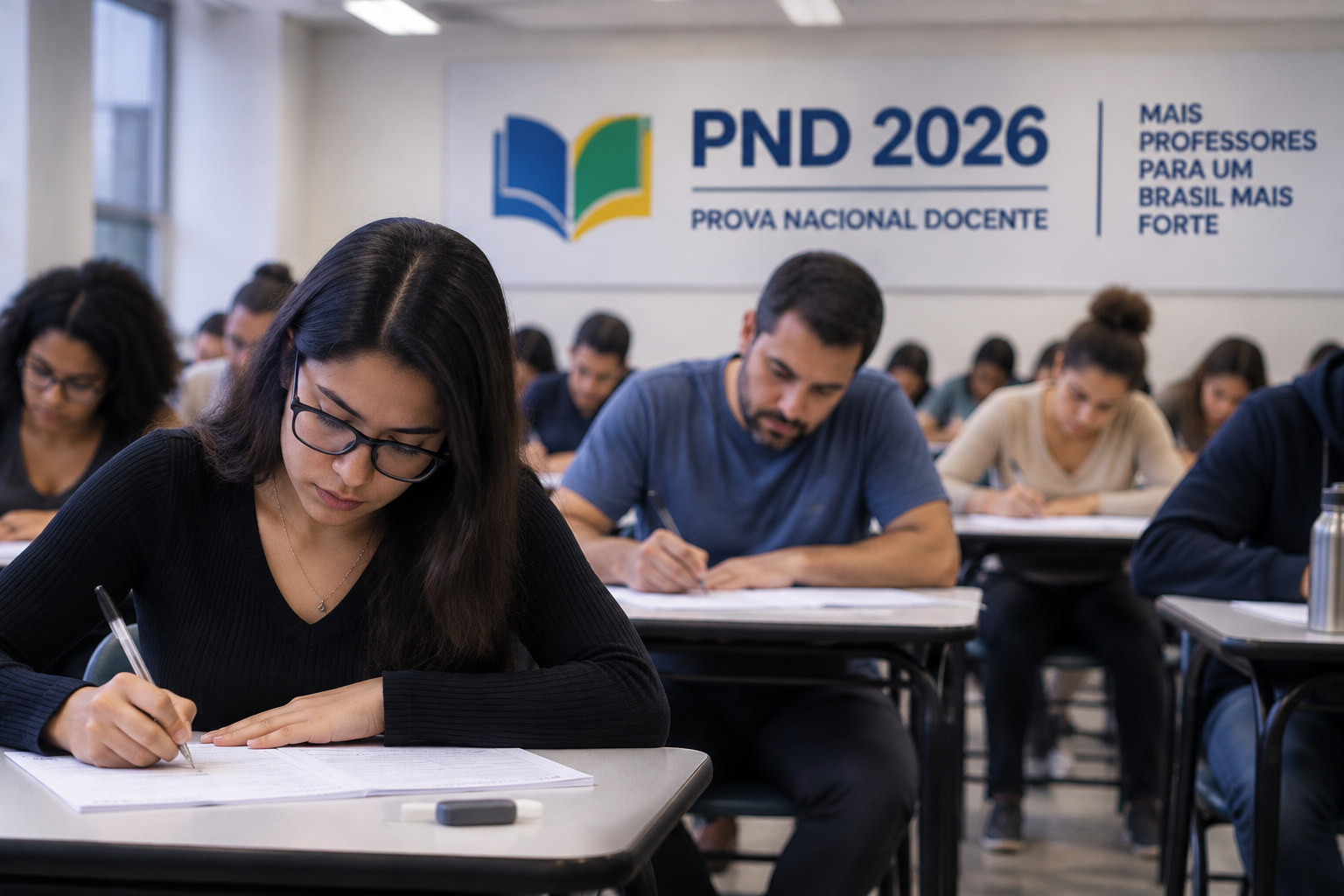 Jovens adultos concentrados escrevendo em sala de aula durante aplicação da prova PND 2026.