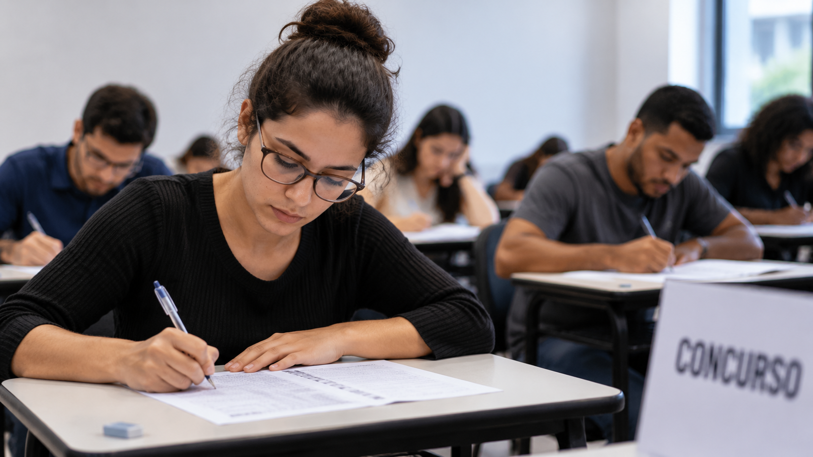 Jovem mulher de óculos preenchendo folha de respostas durante concurso; candidatos ao fundo.