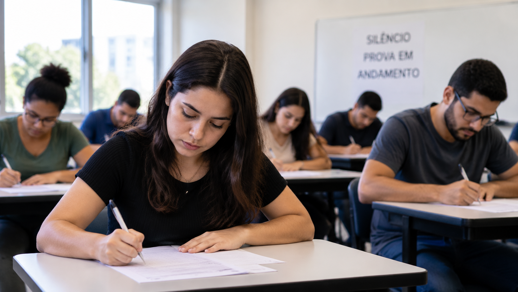 Estudantes sentados escrevendo prova em sala de aula com placa de silêncio ao fundo.