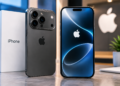 iPhone recente em preto com caixa ao lado, fundo com logotipo da Apple iluminado.