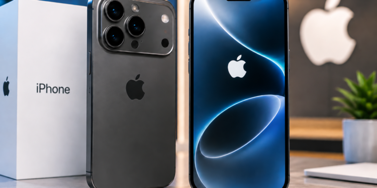 iPhone recente em preto com caixa ao lado, fundo com logotipo da Apple iluminado.