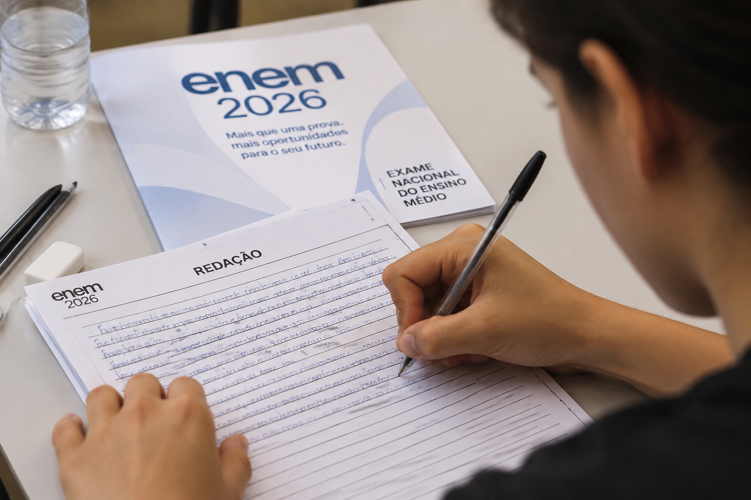 Jovem escreve redação do Enem 2026 à mão com prova oficial na mesa e garrafa d’água ao lado.