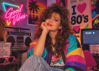 Mulher jovem com cabelo volumoso dos anos 80, jaqueta colorida, rodeada de fitas e objetos vintage, em sala retrô.