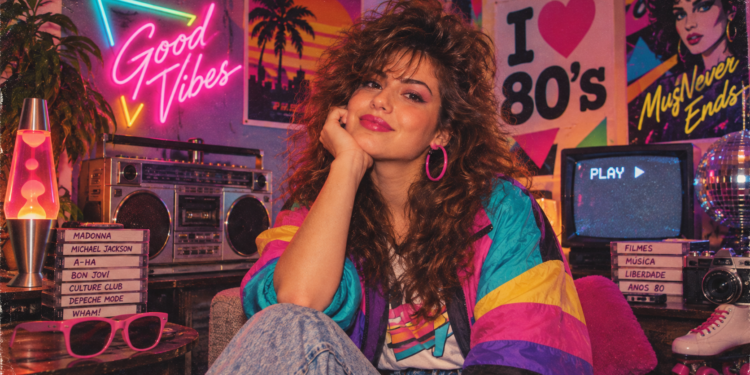 Mulher jovem com cabelo volumoso dos anos 80, jaqueta colorida, rodeada de fitas e objetos vintage, em sala retrô.
