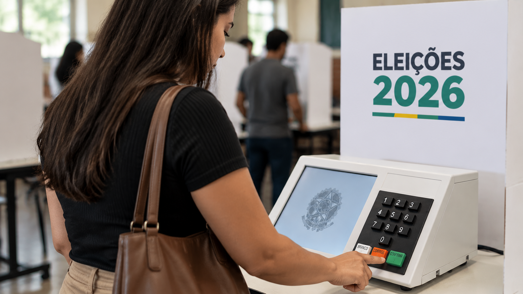 Mulher jovem votando em urna eletrônica, painel “Eleições 2026” ao fundo.