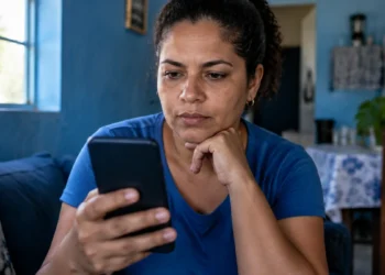 Eleitora utiliza celular para acompanhar informações do e-Título durante o período das Eleições 2026