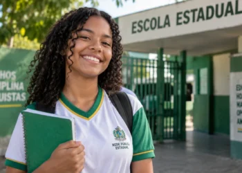 Estudante da rede pública em frente a uma escola estadual representando a ampliação do Pé-de-Meia para todos os alunos em 2027