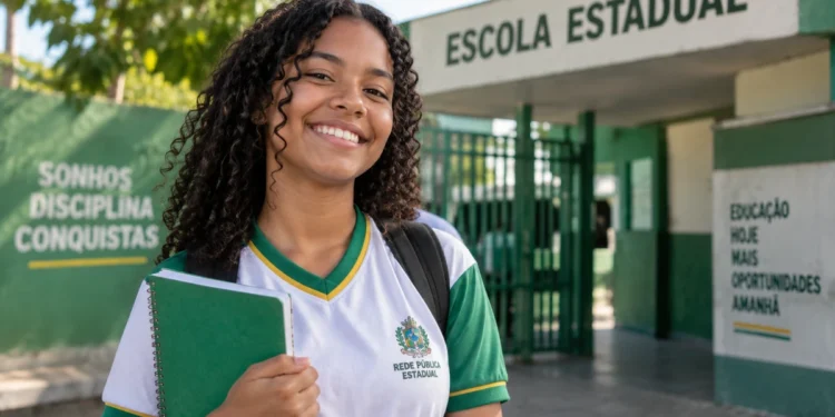 Estudante da rede pública em frente a uma escola estadual representando a ampliação do Pé-de-Meia para todos os alunos em 2027