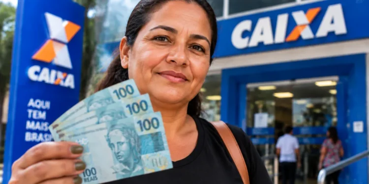 Mulher segura notas de real em frente a uma agência da Caixa, representando a antecipação do pagamento do Bolsa Família de setembro.
