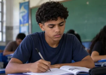 Estudante realizando prova em sala de aula, representando a aplicação do Enem 2026.