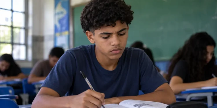 Estudante realizando prova em sala de aula, representando a aplicação do Enem 2026.