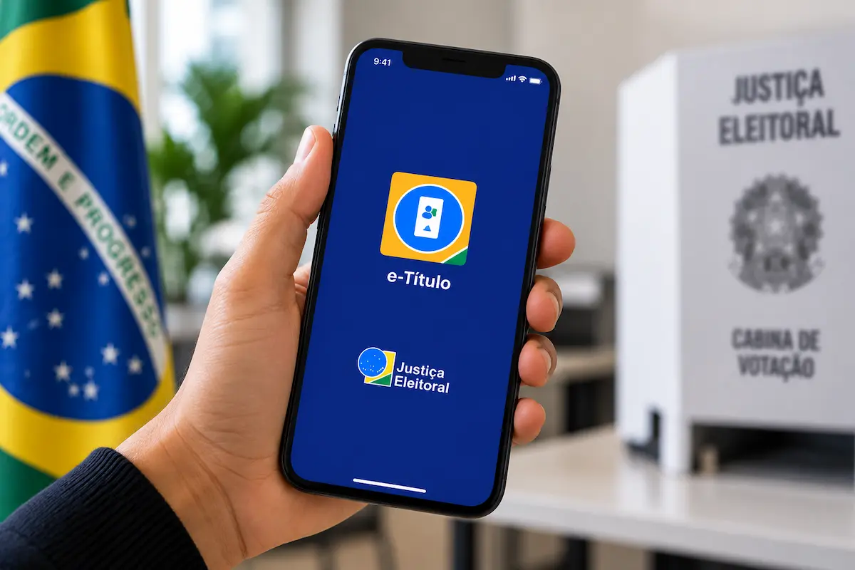 Eleitor segura celular com o aplicativo e-Título para identificação nas Eleições 2026.
