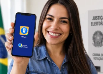 Eleitora mostra o aplicativo e-Título no celular antes das Eleições.