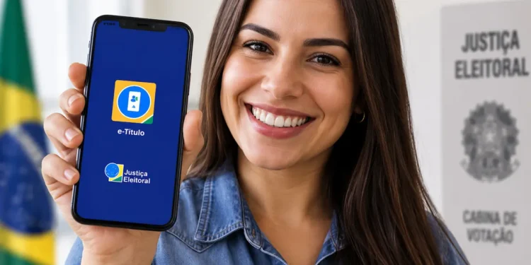 Eleitora mostra o aplicativo e-Título no celular antes das Eleições.