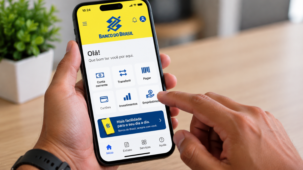 Cliente acessa aplicativo do Banco do Brasil pelo celular durante greve dos bancários.