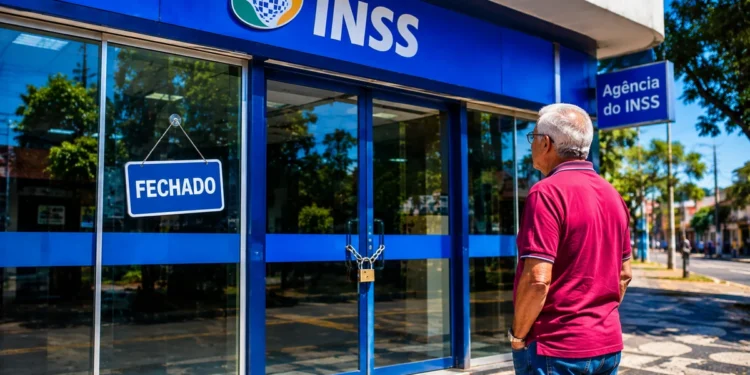 Agência do INSS fechada no feriado, com portas trancadas e usuário diante da entrada, representando o funcionamento no dia 7 de setembro.